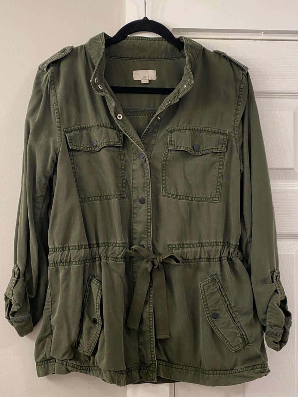 LOFT Utility Jacket Size L Olive Green Cargo Pockets Drawstring Waist